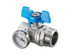 Шаровой кран с плоским уплотнением Ду25, G1BP x G1HP, с термометром (0–80 °C), с синей рукояткой