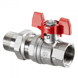 Кран шаровой, Oventrop, Optibal, полнопроходной, DN-15, 1/2", НВ, PN, бар-16, ручка-бабочка, латунь, никелированный, с ниппелем и НГ