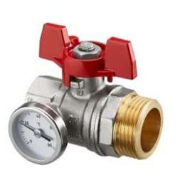 Шаровой кран с плоским уплотнением Ду20, G3/4"BP x G1"HP, с термометром (0–80 °C), с красным маховиком