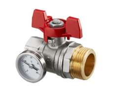 Шаровой кран с плоским уплотнением Ду25, G1BP x G1HP, с термометром (0–80 °C), с красной рукояткой