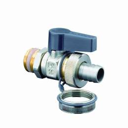Кран шаровой, Oventrop, Optiflex KFE, DN-15, 1/2", Н, ручка-с ограничителем, латунь, никелированный, со штуцером для шланга (мягкое уплотнение) и колпачком